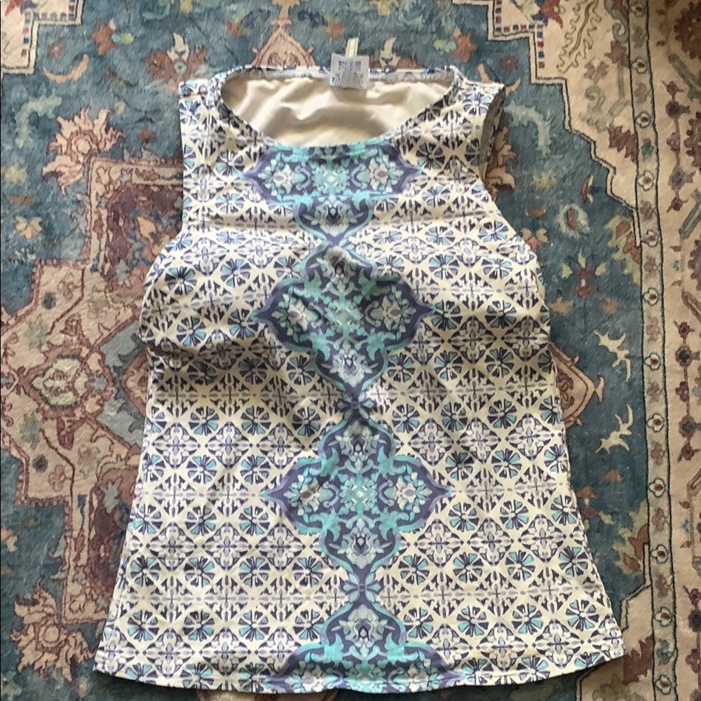 Lands' End Geometric Blue and Cream Swim Tank Top